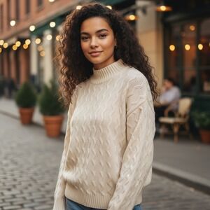 Vintage Wainscott Cream Cable Knit Mock Neck Cotton Sweater Size S Gilmore Girls